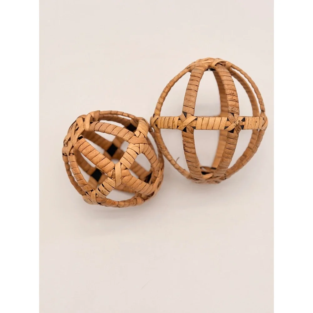 Set of 2 Woven Rattan Decorative Spheres Natural Wicker Orb Bowl Fillers Boho